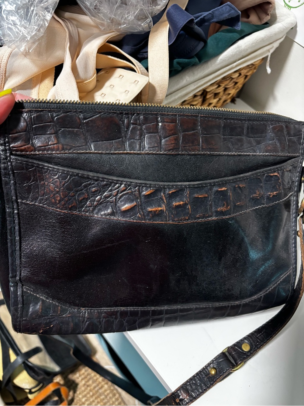 Brahmin Black and Dark Brown Croc-Embossed Leather Crossbody Bag
